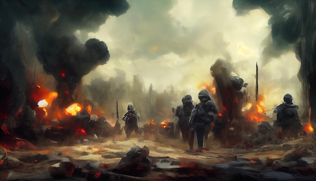 戦場での戦後の兵士 デジタルアート イラスト 絵画