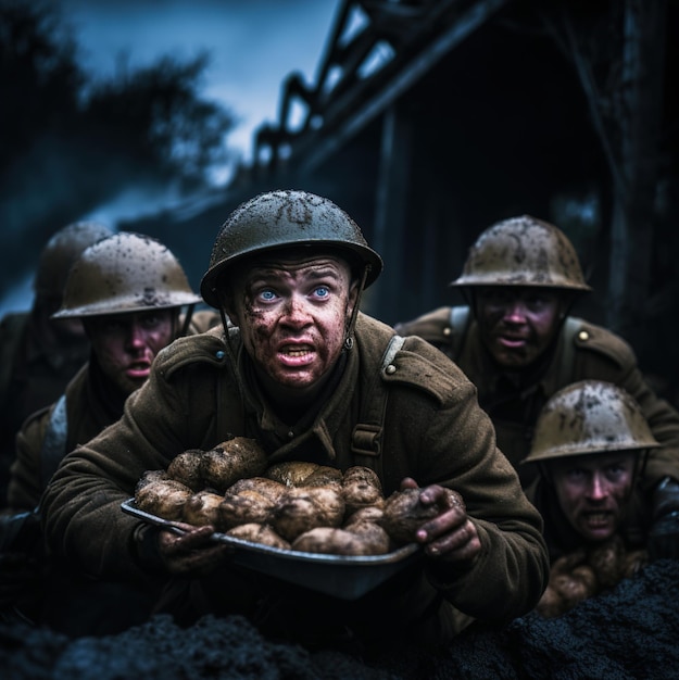 soldiers are holding a plate with potatoes and a plate of potatoes.