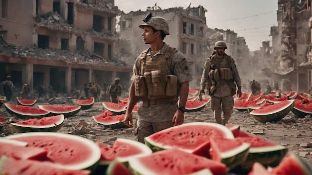 soldiers are looking at the many watermelons scattered in support of Palestine