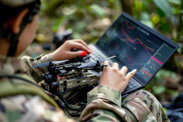 Photo soldiers are piloting a drone bokeh style background