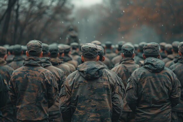 Soldiers assembled in formation focused and awaiting orders in a rainy woodland training area