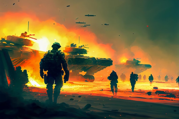 Soldiers on the battlefield tanks explosions fire Generative AI