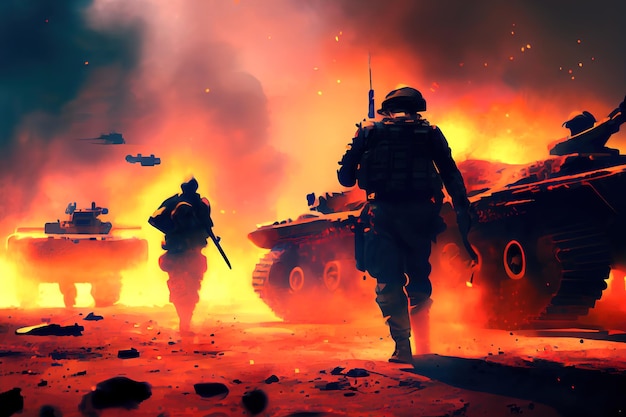 Soldiers on the battlefield tanks explosions fire Generative AI