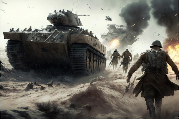 Soldiers battling in trench warfare with tanks and guns Digital illustration AI