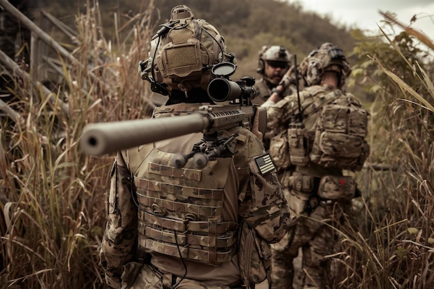 Photo soldiers in camouflage uniforms aiming with their rifles