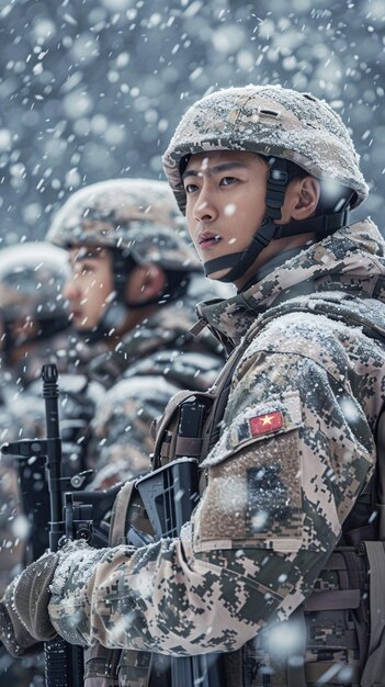 Foto soldati in uniformi di camuffamento in fila nella neve generativa ai