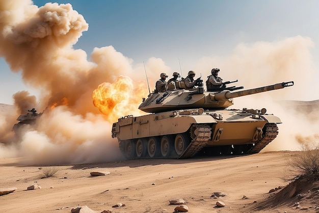 Soldiers crosses warzone with fire and smoke in the desert military special forces tank