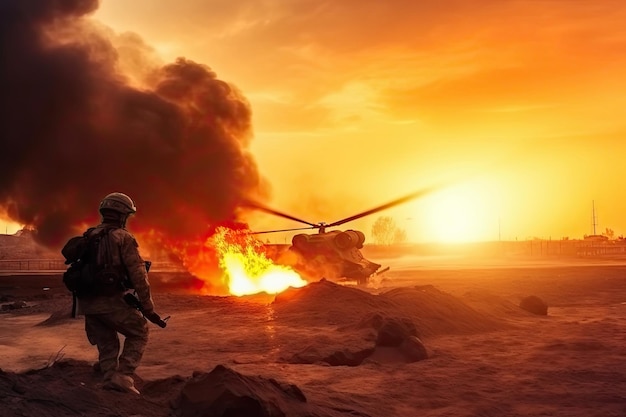 Soldiers crosses warzone with fire and smoke in the desert military special forces tank