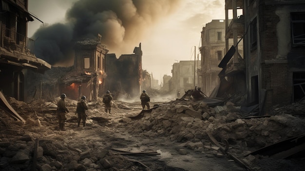 Soldiers in a destroyed city with smoke in the background