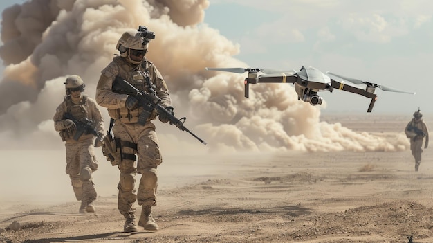 兵士とドローンが砂漠で戦っている 煙の背景に 兵士が武器を持って歩いている 監視のために近代的なUAVを使用している 陸軍報戦闘技術の概念