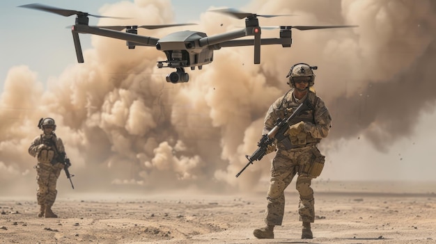 Soldiers follow drone during war or training in desert military using modern uav for surveillance on smoke background Concept of us army intelligence warfare usa summer