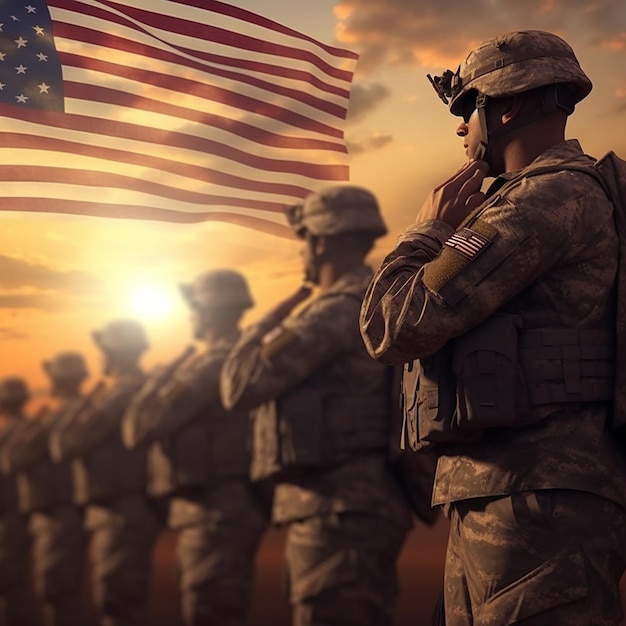 アメリカの国旗を背景に夕日の前に立つ兵士たち