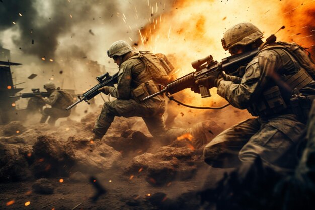 Фото Солдаты в полном снаряжении с винтовкой с телескопическим прицелом в подготовке к бою, генерируемому ии