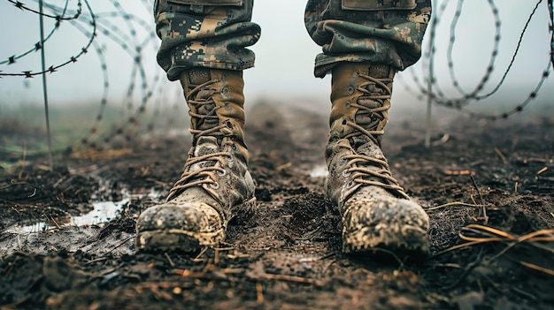 Photo a soldiers legs clad in ankle boots stand in the muddy battlefield embodying strength and resilience in the face of adversity