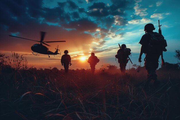 Photo soldiers marching at dawn with a helicopter silhouette in the background dday anniversary