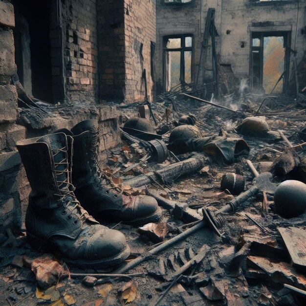 Photo soldiers in the middle of a destroyed building war background