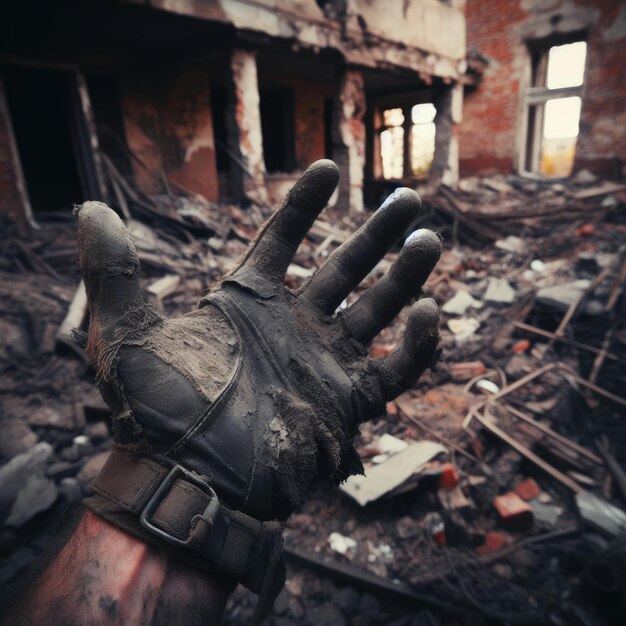 Foto soldati nel mezzo di un edificio distrutto sullo sfondo della guerra