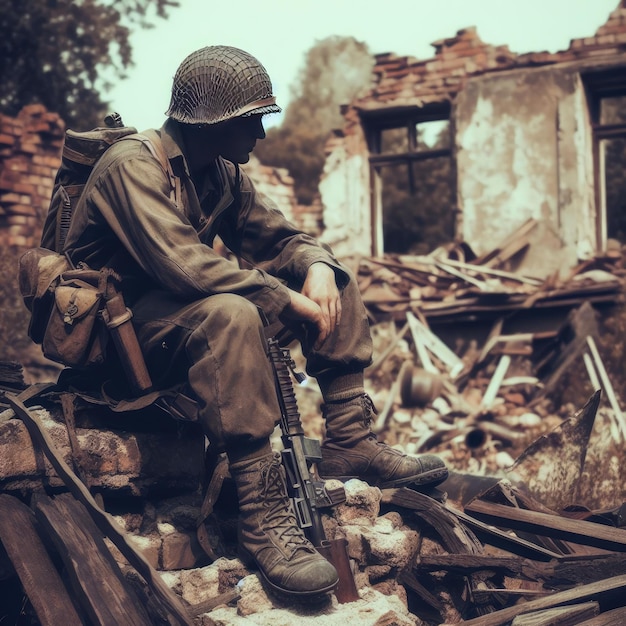 Foto soldati nel mezzo di un edificio distrutto sullo sfondo della guerra