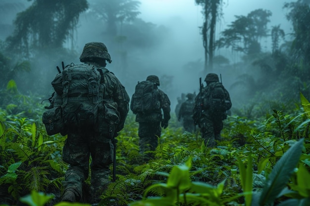 Soldiers navigating through dense forest terrain during a training exercise