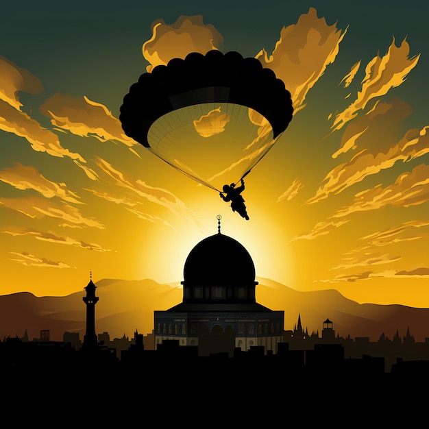 Soldiers Parachute Soars towards AlAqsa Mosque amidst a Powerful Palestenian Flag Artwork