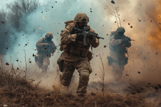 Soldiers Running Through Field