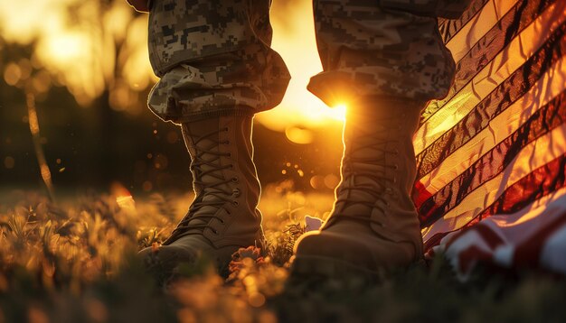 Soldiers shoes and American flag at sunset