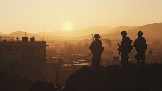 Soldiers in silhouette against a hazy sunrise over an urban landscape