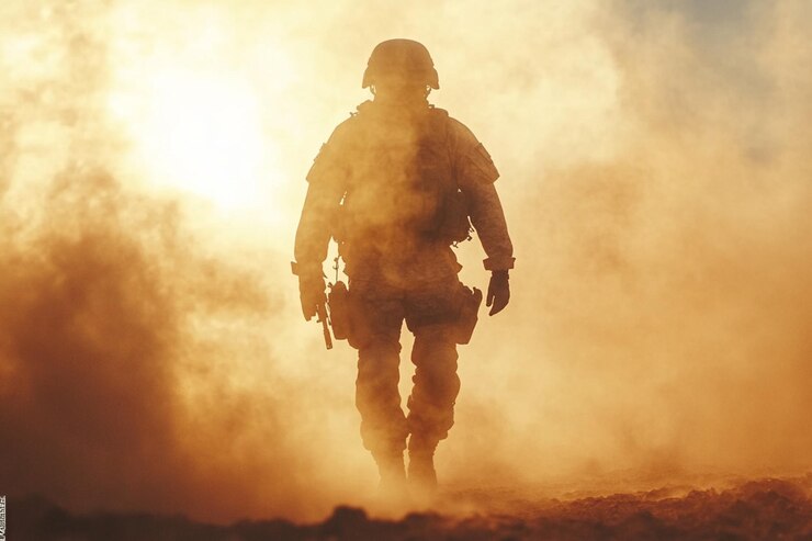 Photo a soldiers silhouette dominates the smoky sunset backdrop