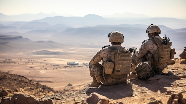 soldiers sitting on top of a cliff in the desert