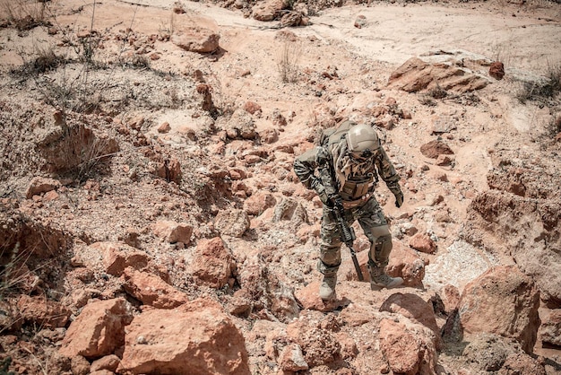 Soldiers of special forces on wars at the desertthailand\
peoplearmy soldier patrolled the front line