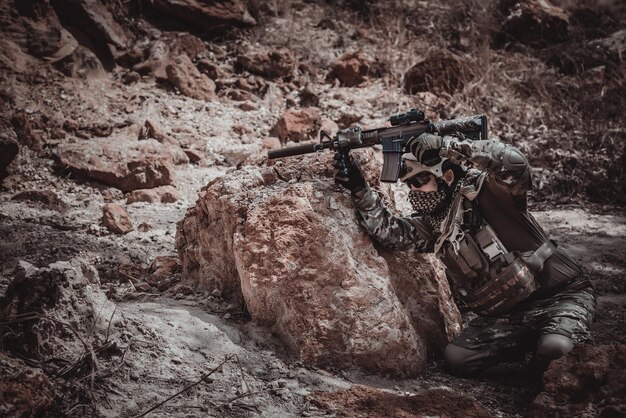 Soldiers of special forces on wars at the desertThailand peopleArmy soldier Walking patrol