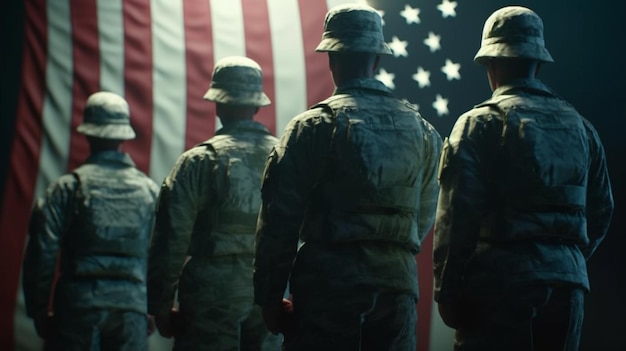 Soldiers stand in front of a flag that says army on it