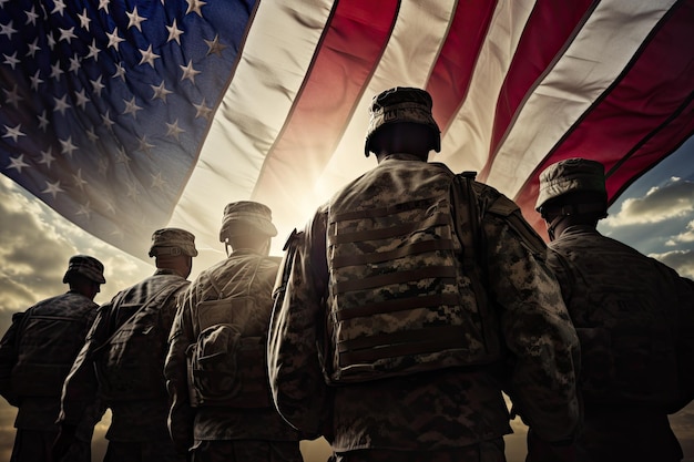Soldiers stand in front of a flag with the sun shining on them.