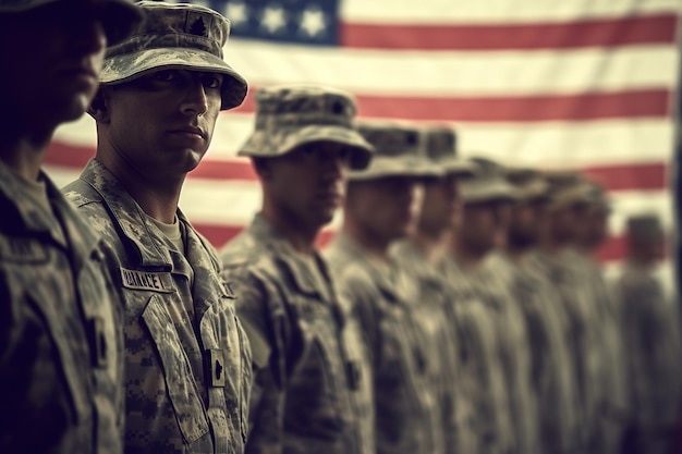 写真 兵士たちは私たち軍隊と書かれた旗の前に立っています。