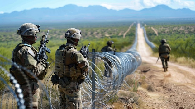 Soldiers standing next to barbed wire fence