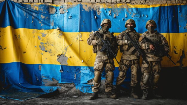 Soldiers standing in front of flag