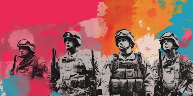 Soldiers on the street Contemporary art collage Beautiful illustration picture Generative AI