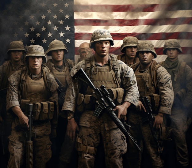 Солдаты в униформе стоят перед американским флагом.