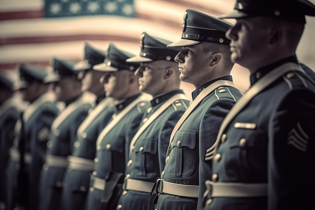 Soldiers in uniform stand in front of an american flag