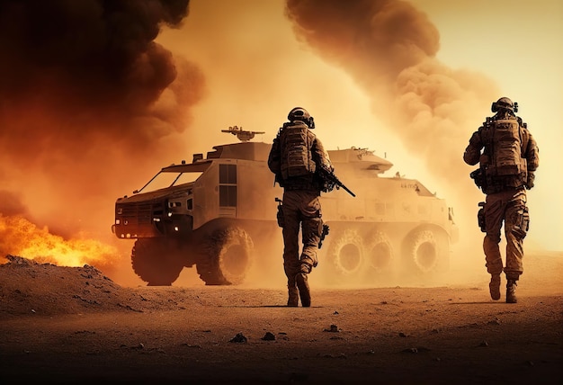 Soldiers and vehicle during battle with backgroundxAillustration Ai generative