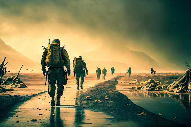 전쟁 지역에서 길을 따라 걷는 군인들 Generative AI