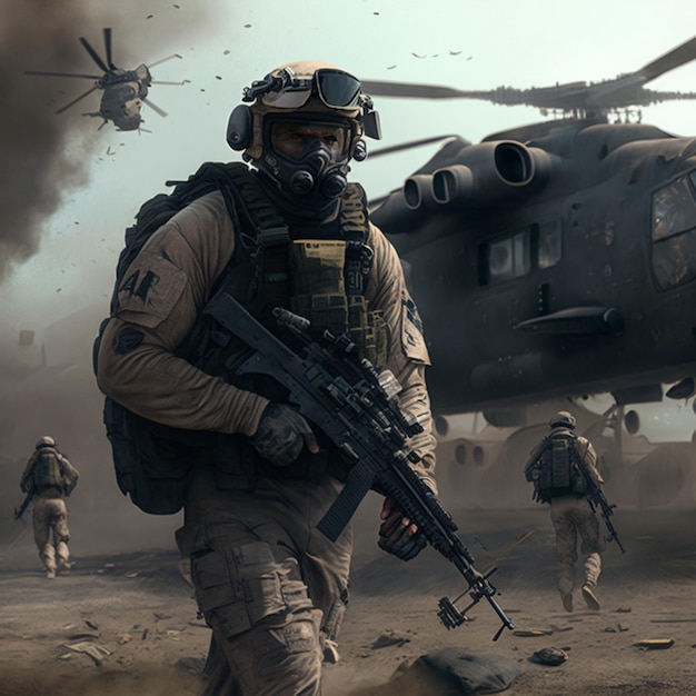 Soldiers walking in front of a helicopter in a desert area generative ai