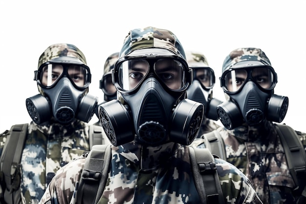 Soldiers Wearing Protective Masks against Poisons and Toxins white background