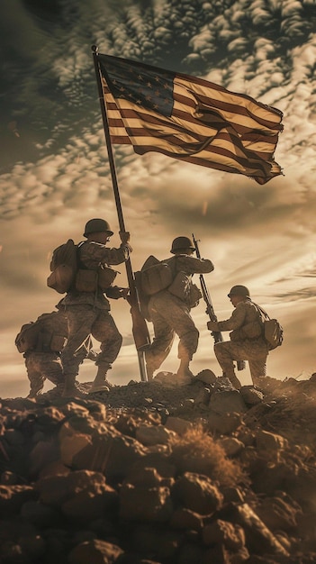 soldiers with a flag on the top of a mountain