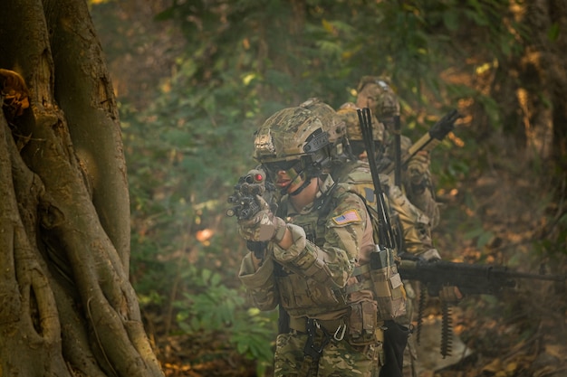 Soldiers with marines for military operations in the Asian forest