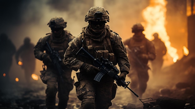 Soldiers with Rifles Advancing through SmokeFilled Battlefield