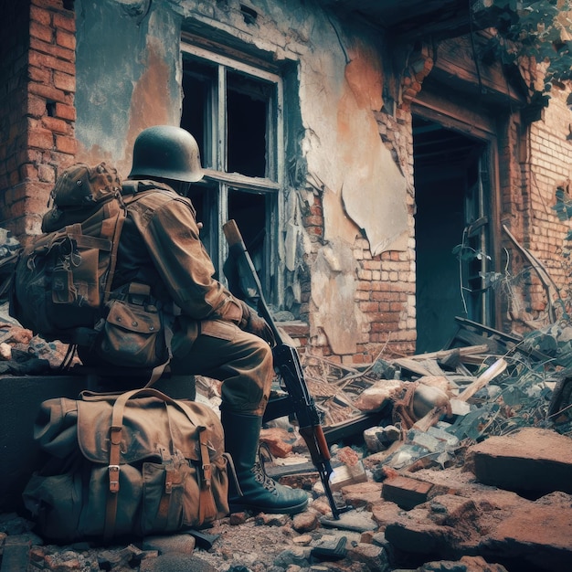 soldiersoldier's clothinghelmetarmorbag in the middle of a destroyed building war background