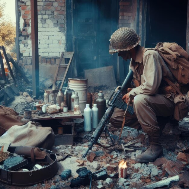 Photo soldiersoldier's clothinghelmetarmorbag in the middle of a destroyed building war background
