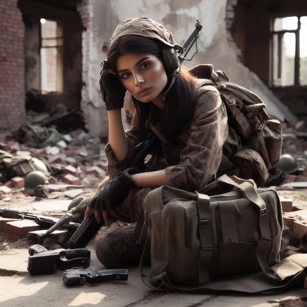 Солдатская одежда, шлем, арморбаг посреди разрушенного здания на фоне войны.