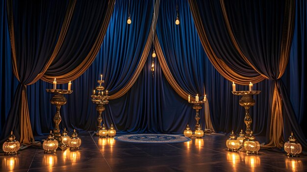 Solemn Islamic Occasion A Ceremonial Setting with Blue Draperies and Golden Lamps